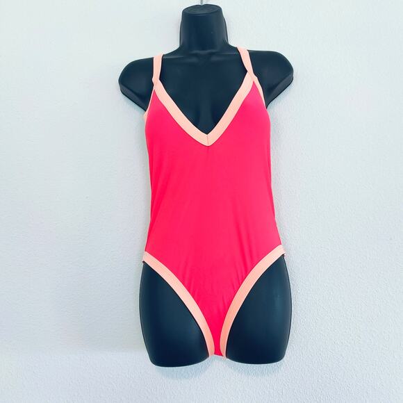 Beach Joy Neon Pink Peach Criss Cross One Piece Swimsuit Women Size Small Medium - Picture 2 of 4